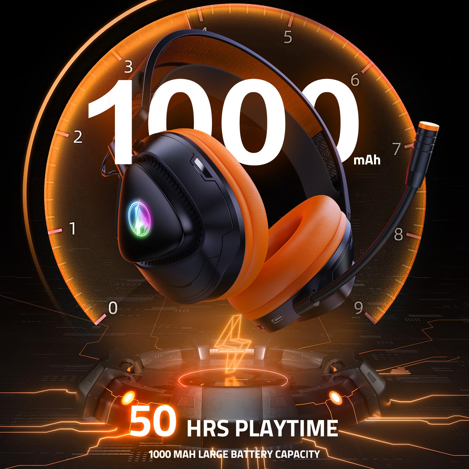 PH3 Kabelloses Gaming Headset für PS5, PS4, PC,Bluetooth-Kopfhörer mit 50 Stunden Akku, Gaming-Headset mit Mikrofon mit Geräuschunterdrückung,RGB Licht, Hellorange