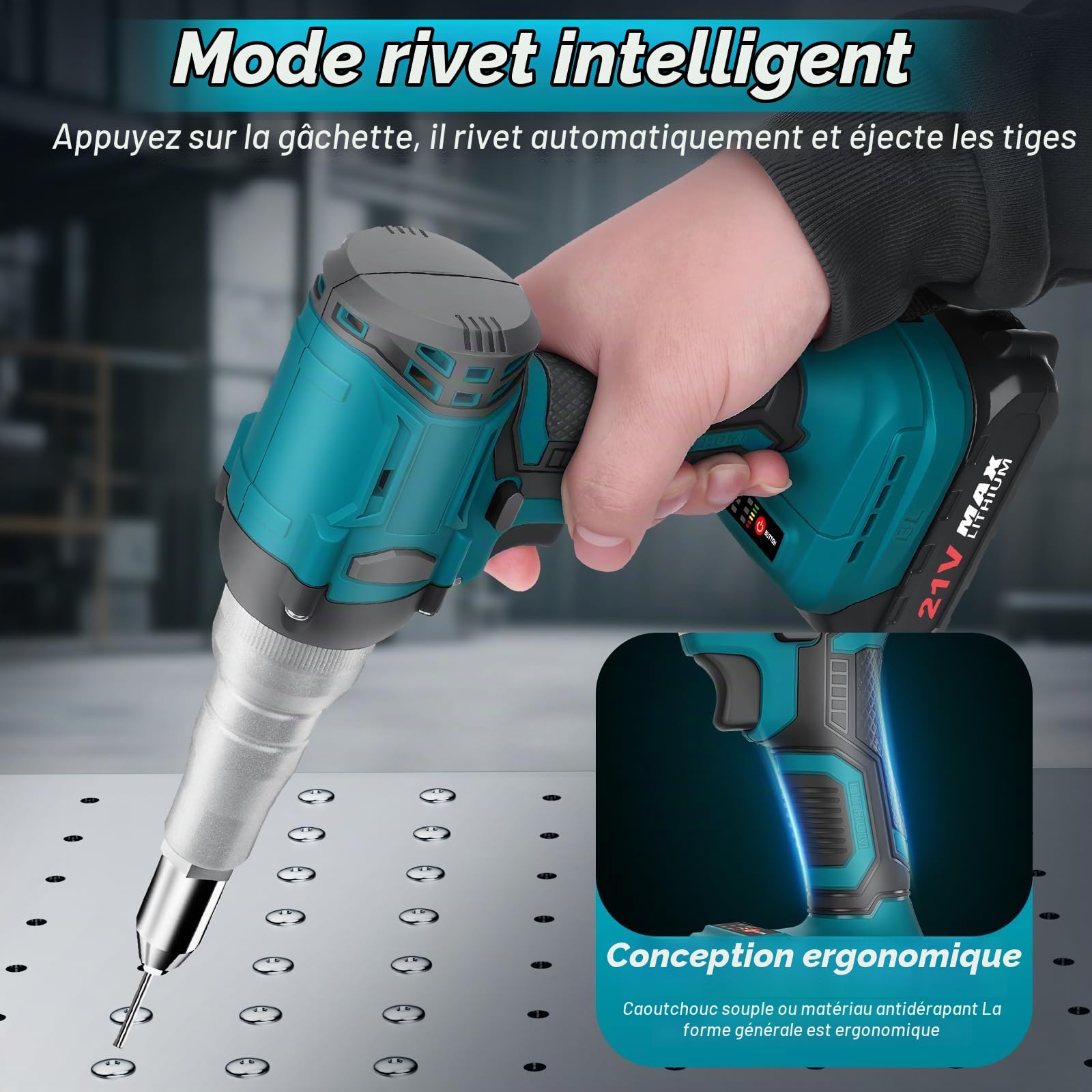 Pince à Riveter sans fil Compatible avec Batterie Makita 18V, 20,000 N Riveteuse Electrique, Pince à Riveter Electrique pour Rivets en Aluminium de 2,4-4,8 mm avec 2 Batteries