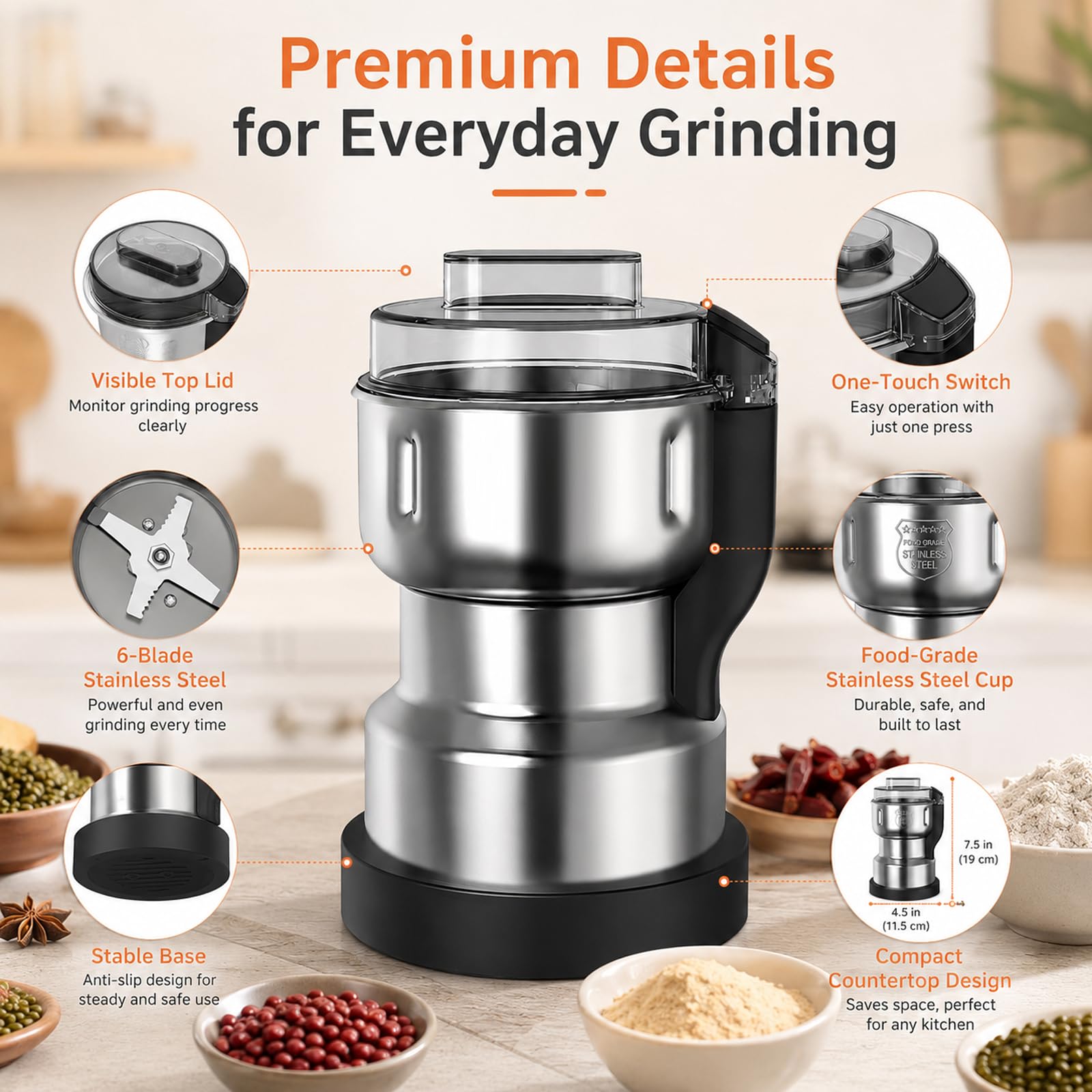 Macinino elettrico per caffè e spezie, 300 g, in acciaio inox, a 6 lame, funzionamento One Touch, ciotola per spezie, fagioli, erbe, riso, noci e ingredienti secchi