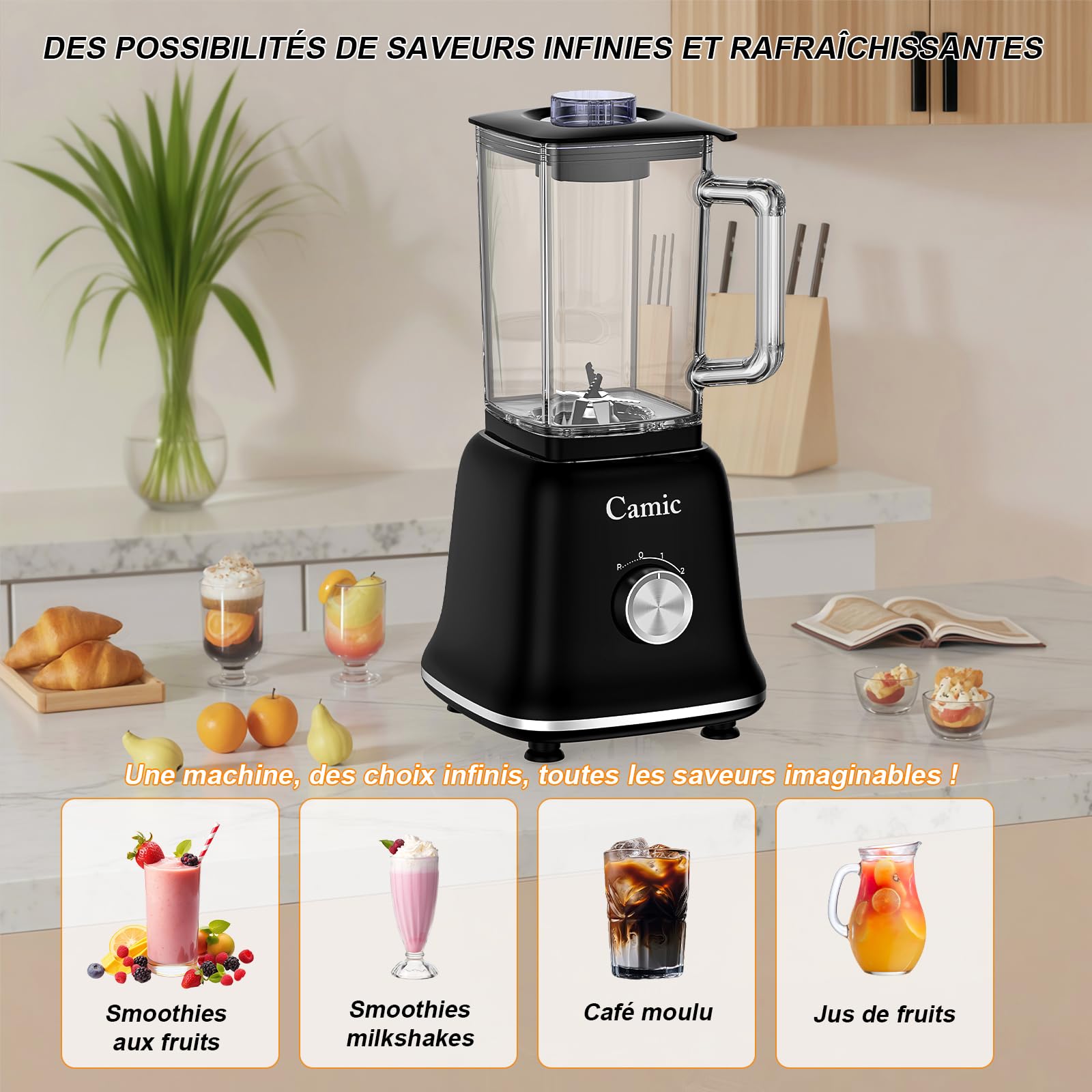 Camic blender mixeur 1200 W Mixeur Multifonction 3 en 1 avec Récipient en Verre de 1,6 L, mug de Voyage de 400 ml et Gobelet de Broyage de 200 ml, Mixeur à Impulsion/2 Vitesses