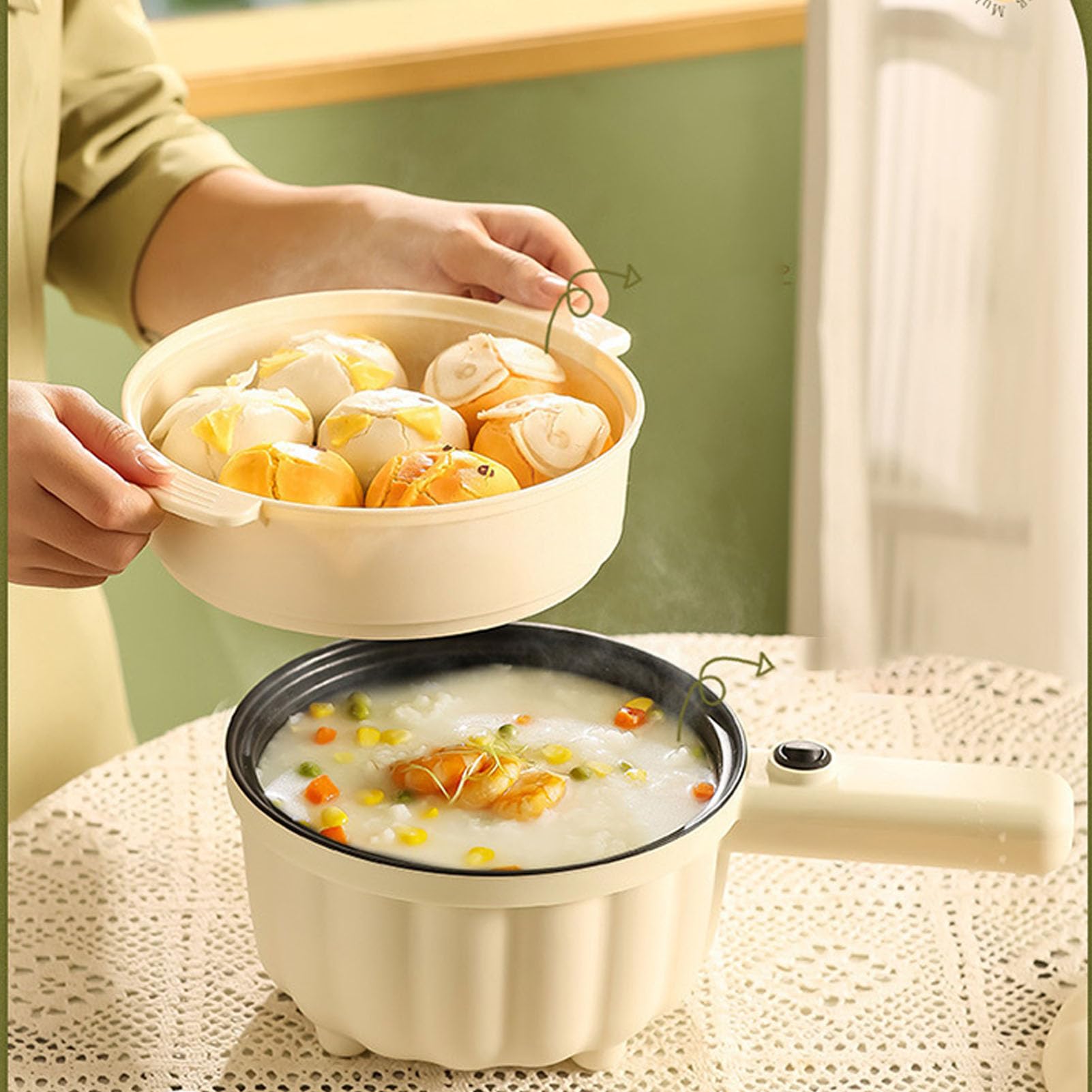 Cuisson à la Vapeur, ébullition Et Cuisson Hot Pot électrique | Cuisinière électrique Multifonctionnelle Avec Poêle Antiadhésive à Long Manche(Blanc)