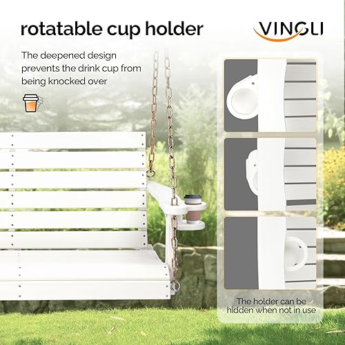Miniatura 2 de VINGLI Columpio de Porche Resistente de 1600 LBS de HDPE para Exteriores con Portavasos Giratorio, Columpio de Banco de Patio de 4 Pies con Cadenas