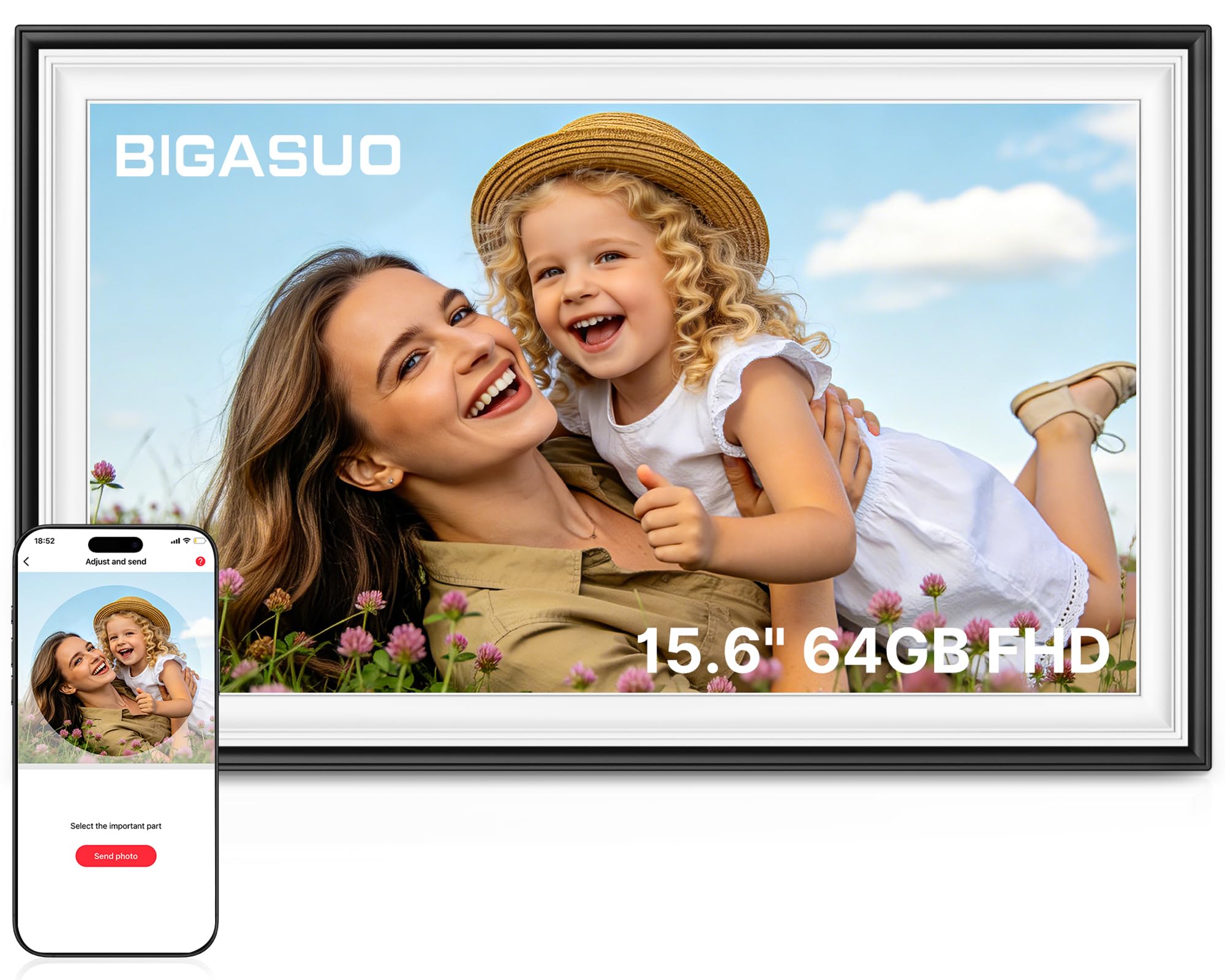 64GB 15,6" Cornice Digitale Foto Frameo WiFi Nero Bianco - 1920 * 1080P FHD IPS Touch Screen Cornici per Foto Elettroniche Grandi, Rotazione Automatica, Montaggio a Parete, Condivisione di Foto e