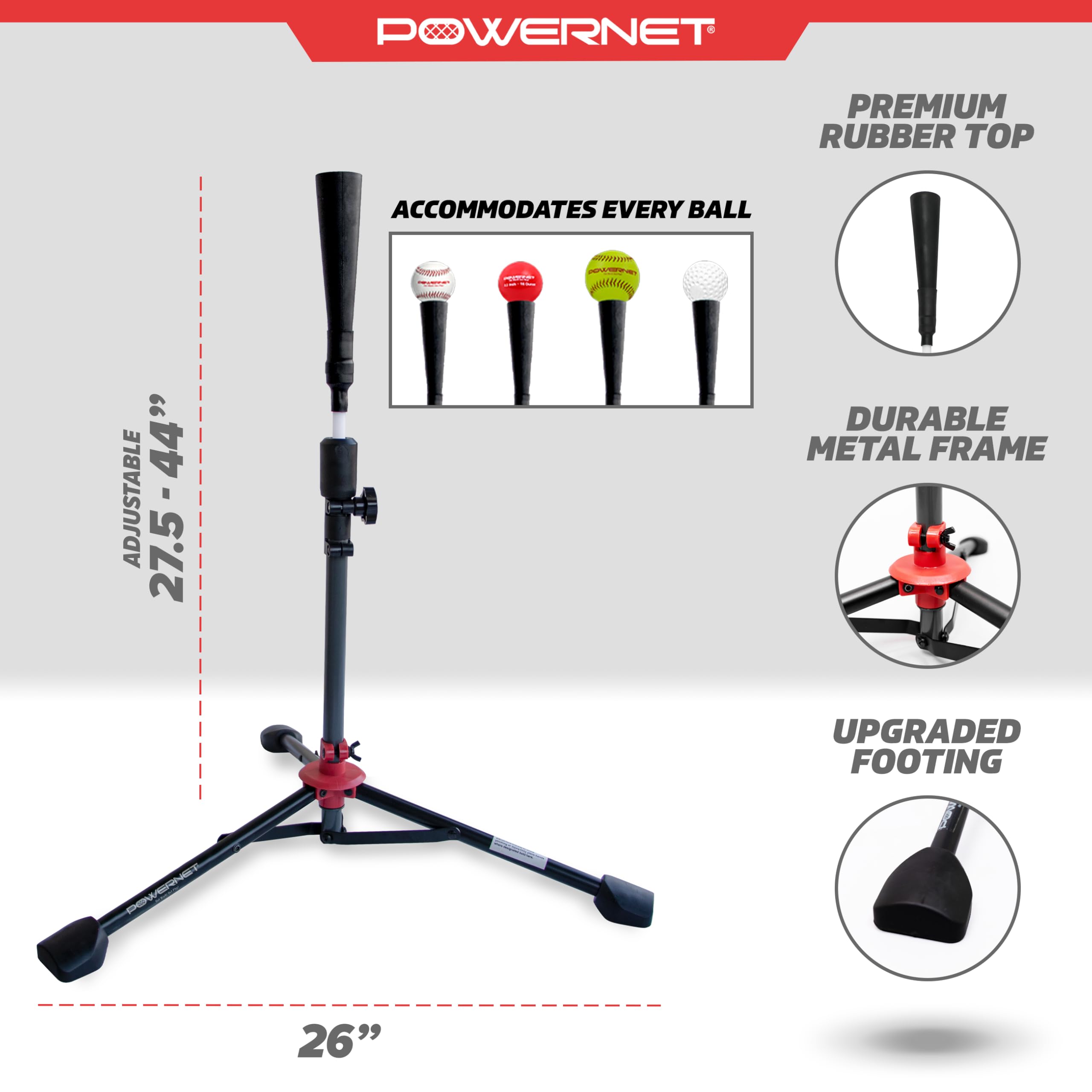 PowerNet Baseball-Softball-T-Shirt | Schlagbohrmaschine Trainingshilfe | Verwendung mit Spiel- oder Trainingsbällen | Höhenverstellbar 69,8 cm – 111,8 cm | tragbar faltbar | gerollte Gummi-Oberseite | extra breite Basis