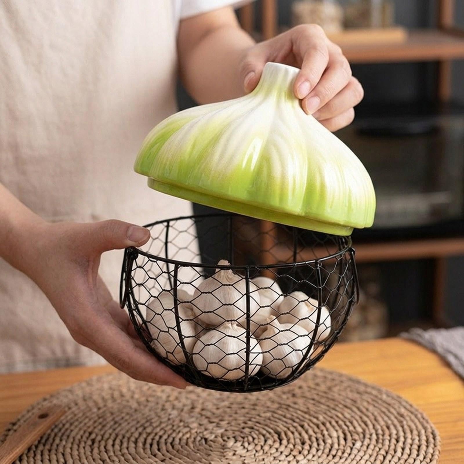 Canasta de Cesta para Guardar Huevos Recipiente de Verduras Frutero Alambre Metálico Cerámica E Hierro con Asa Práctica Adecuado para Pantalla de, Verde, Individual