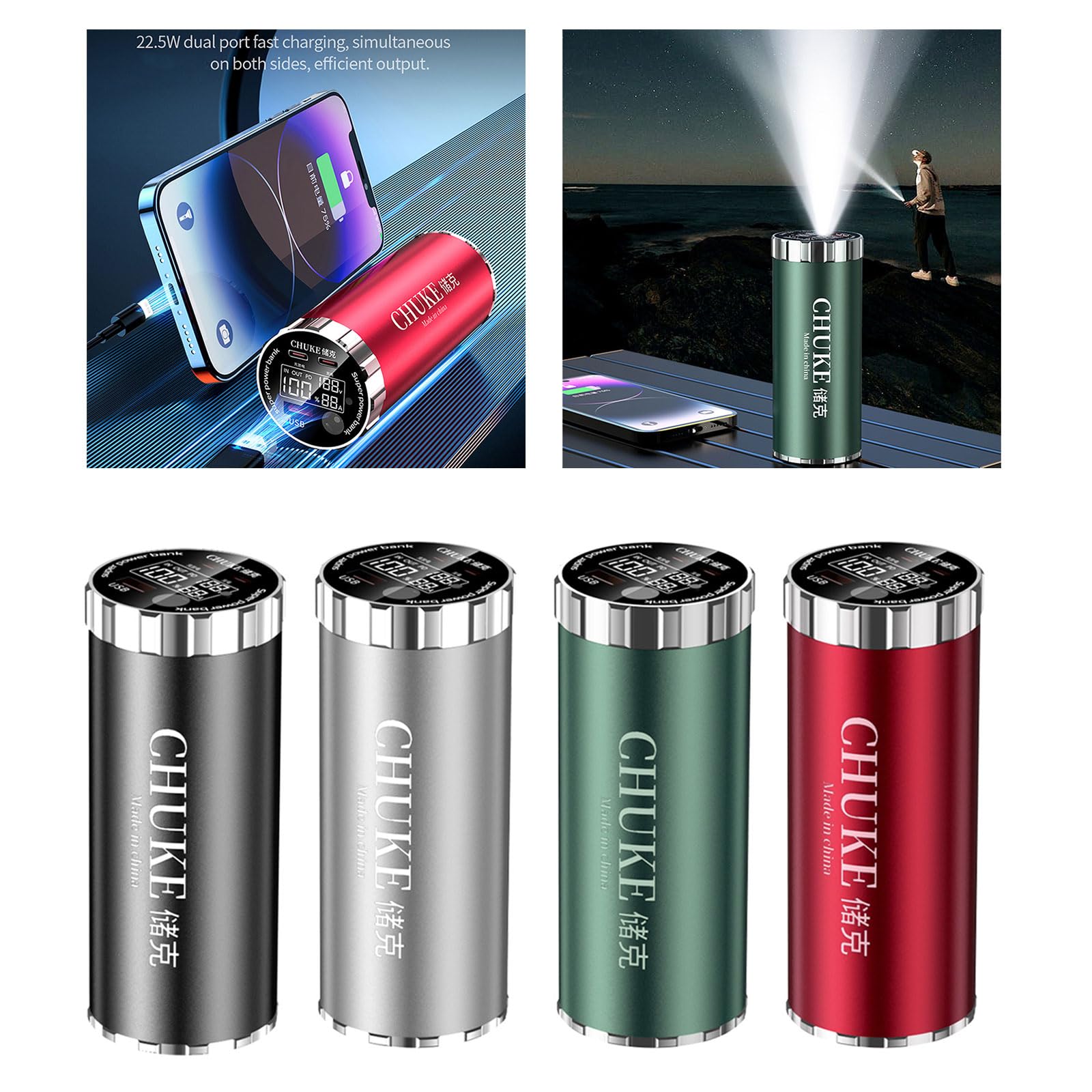 46800 - Caja de batería portátil con luz LED, doble USB C y puerto USB, 5 V, 3 A de salida, 22,5 W, carga rápida Power Case