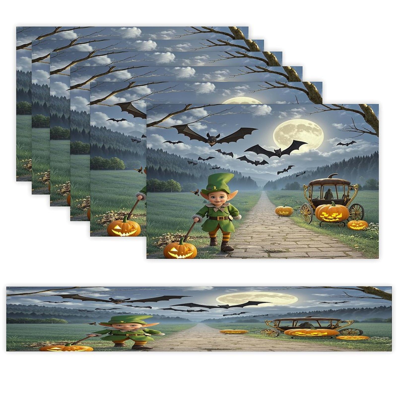 Moonlight Bat Night Placemats Set of 6 and Table Runner for Holiday Party Kitchen Dining Table Decor Farmhouse Style Washable Table Mat Set Heat Resistant Linen Place Mat Sets