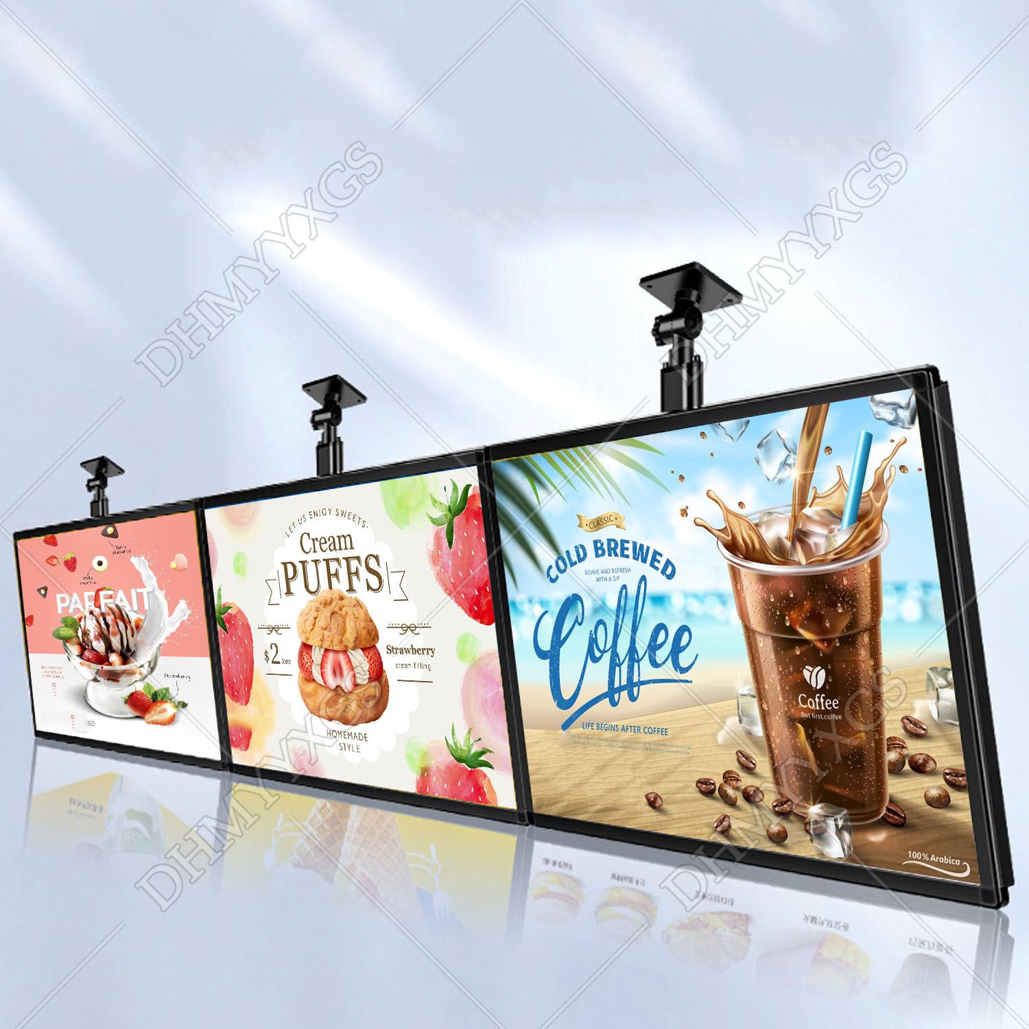 Tablero de menú LED montado en la pared con altura ajustable y soporte giratorio para exhibiciones de restaurantes y cafeterías