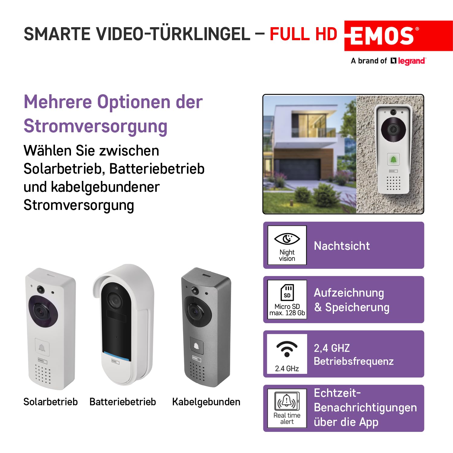 EMOS GoSmart - Timbre de Puerta con vídeo para el hogar Inteligente con aplicación, WiFi, cámara Impermeable Full HD 1080p, Panel Solar/batería, Timbre, Control de Cerradura de Puerta, protección