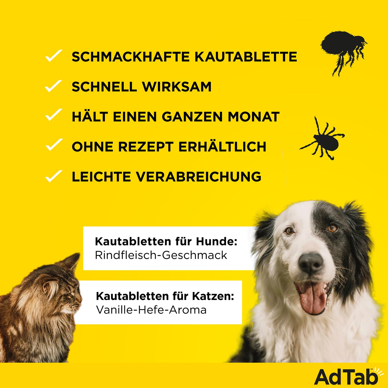 AdTab Kombi-Set: Zecken- & Flohschutz für eine Katze mit >2-8 kg und einen Hund mit >5,5-11, 2 Packungen mit je 3 Kautabletten, einfach zu verabreichen & schmackhaft