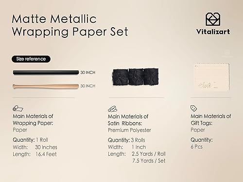 Miniatura 2 de Vitalizart Juego de papel de regalo metálico negro mate de 30 pulgadas con cinta de satén de seda y etiquetas de regalo, envoltura de regalos de