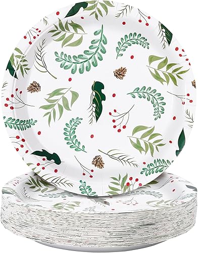 HOMIX Christmas Paper Plates 50 Count, 9 Inches Berries and Pine Holiday Disposable Plates for Christmas Dinner Dessert