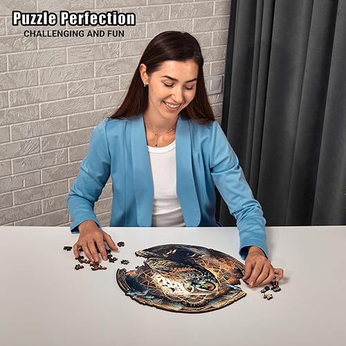 Miniatura 2 de LEOGOR Rompecabezas grande de madera para adultos, búho, (350 piezas, 15 x 14.8 pulgadas), mandala redondo inspirado en la naturaleza, rompecabezas