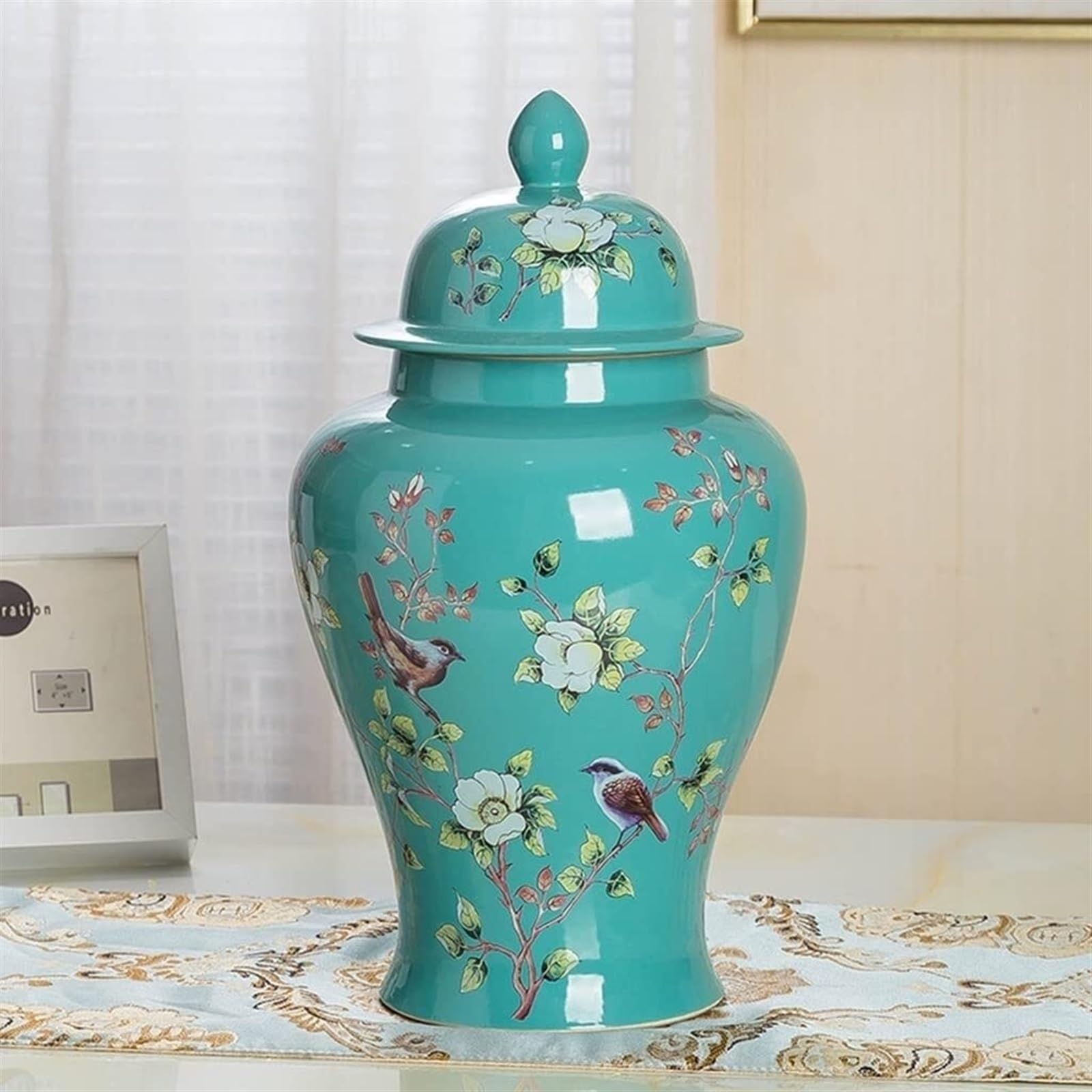 Jingdezhen żółty imbirowy słoik na słoik inspirowany naturą ceramiczny słoik na świątynię z motywem kwiatów i ptaków, dekoracja domu, akcent (duży zielony)