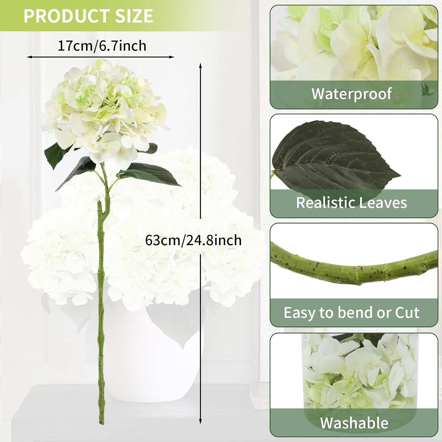 Coferset 3Pcs Green Hydrangea Artificial Flowers 24.8" Real Touch Large Faux Hydrangea Latex Fake Flowers with Bendable Stems for Indoor & Outdoor Decor, Wedding Bouquet Centerpieces(Light Green)