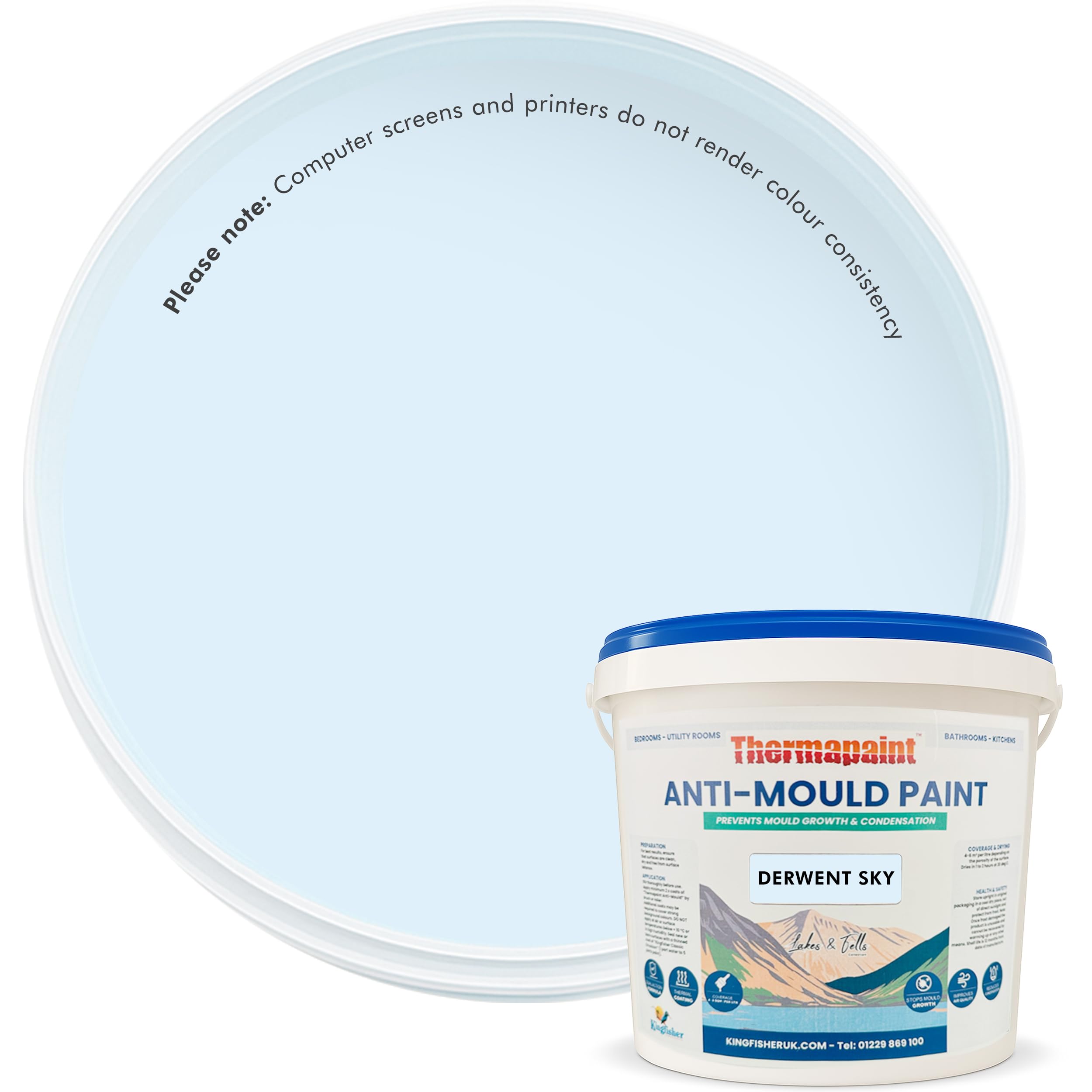 Kingfisher Thermapaint Anti Mould Paint with Active Fungicide 2.5L | Mould & Moisture Resistant Emulsion Wall Paint for Kitchens, Bathrooms & More | Waterproof & Washable | Derwent Sky