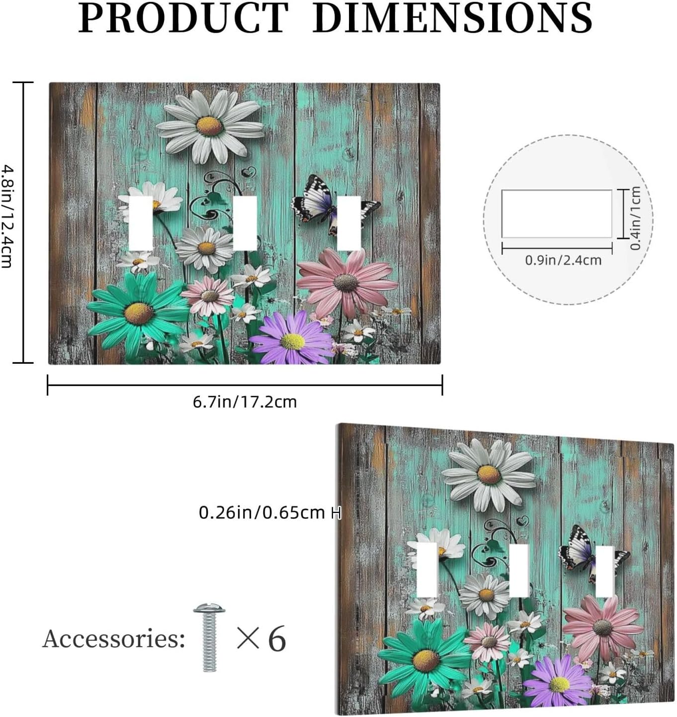 Decorative Switch Plates Rustic Flower Daisy Butterfly Green Wood 3 Gang Wall Plate Triple Toggle Light Switch Cover Faceplate Electrical Wall Panels For Farmhouse Cabin Decor