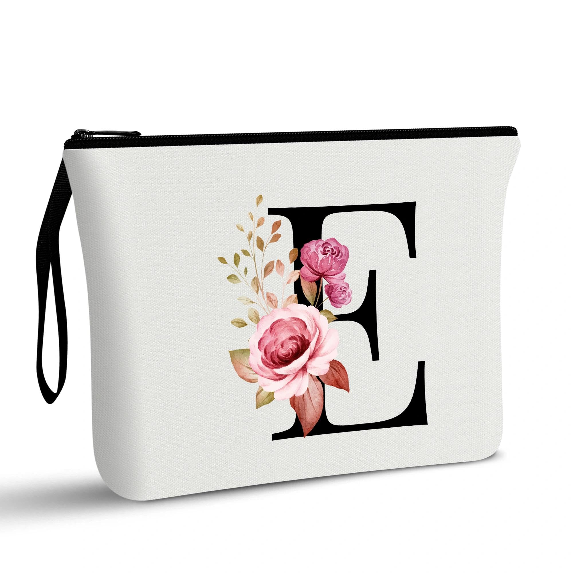 Vavabox A-Z Personalized Makeup Bag, Birthday Gifts for Women Mom, Gifts for Best Friend, Bride Bridesmaid Cosmetic bag (E, 01-White)