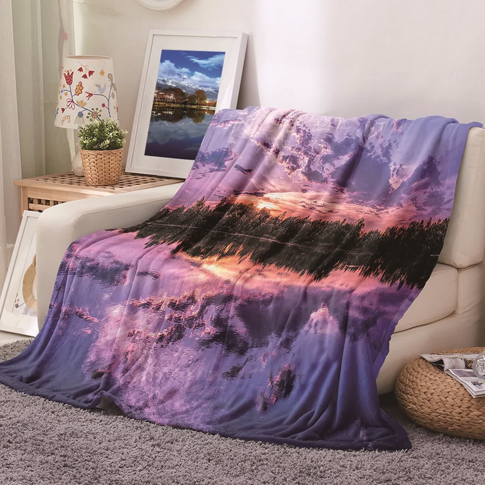 Daesar Natale Coperta Pile Fantasia, Coperte Flanella Singolo/Matrimoniale Divano/Letto Viola Chiaro Arancione Motivo Alberi e Lago Coperta Calda e Morbida, 150x200cm
