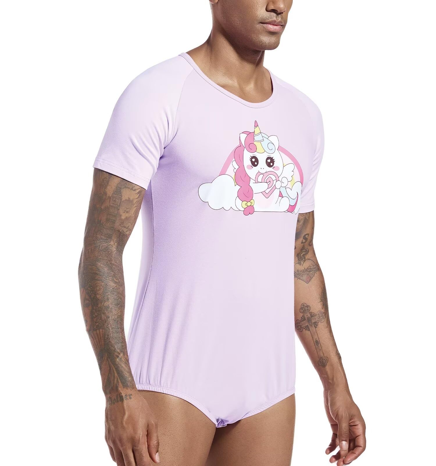Landofgenie Onesie Pyjama Herren Bodysuit Botton Crotch Top Shirt Raglanärmel Rompers für Männer Lila Pyjama mit Einhorn Print