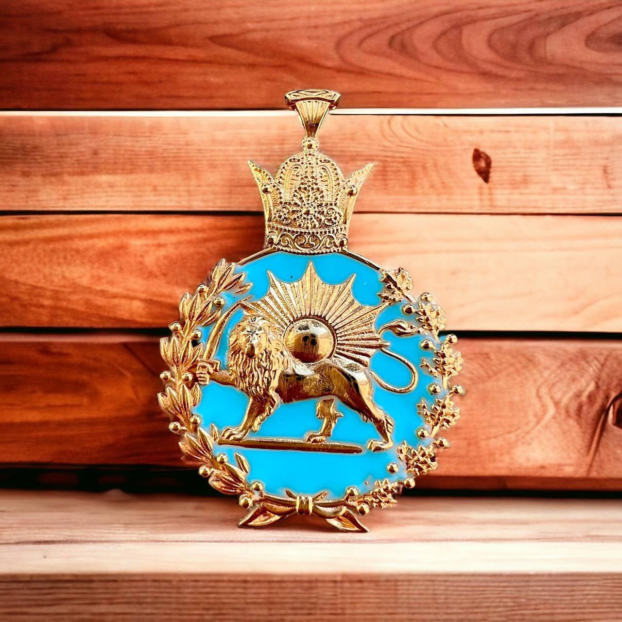 22K Gold plaited Blue Inlay Imperial Lion & Sun Coat of Arm Persia Persian Farvahar Pahlavi Shah 925K Silver Pendant Necklace,Mythology Mens Gift Iran