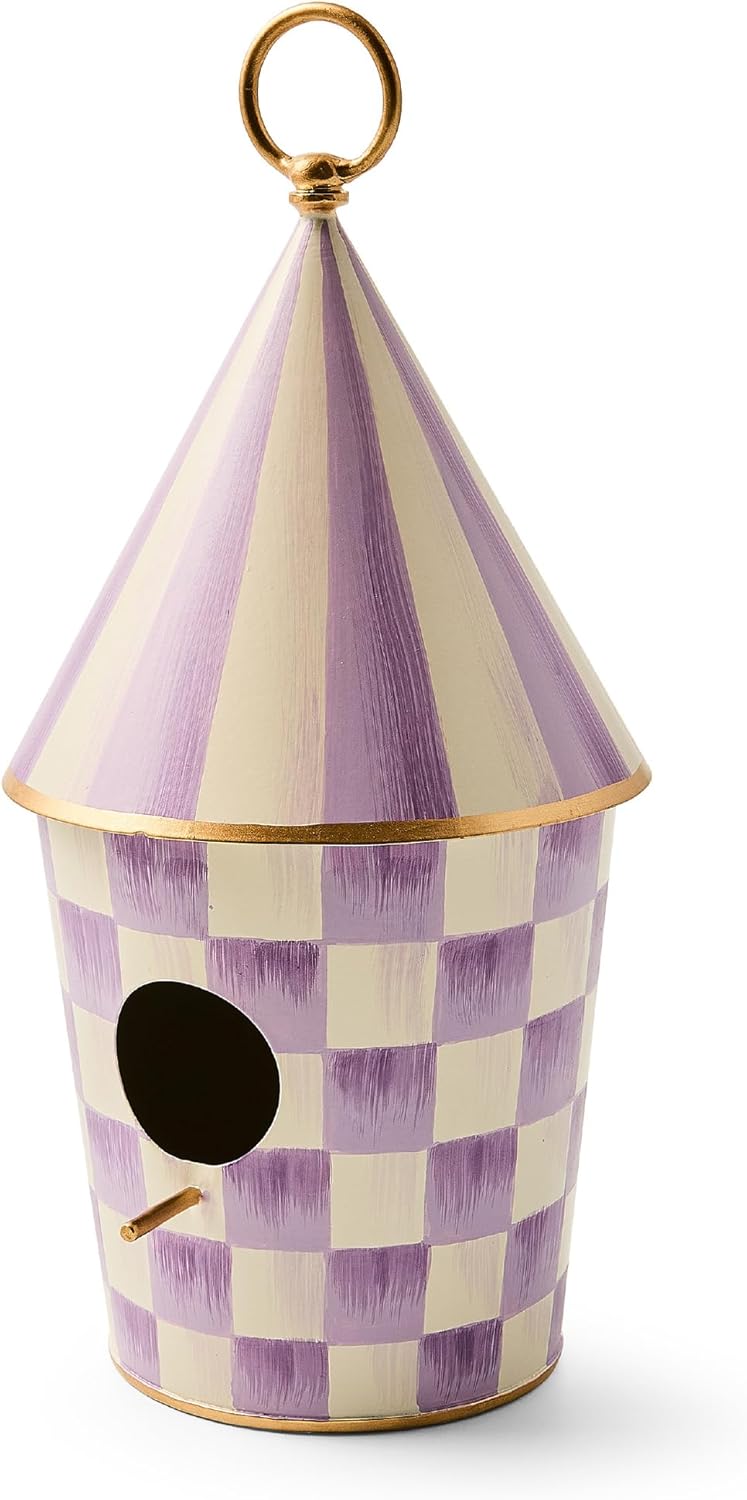 MACKENZIE-CHILDS Birdhouse, Decorative Metal Birdhouse, Purple-and-White Violet Check