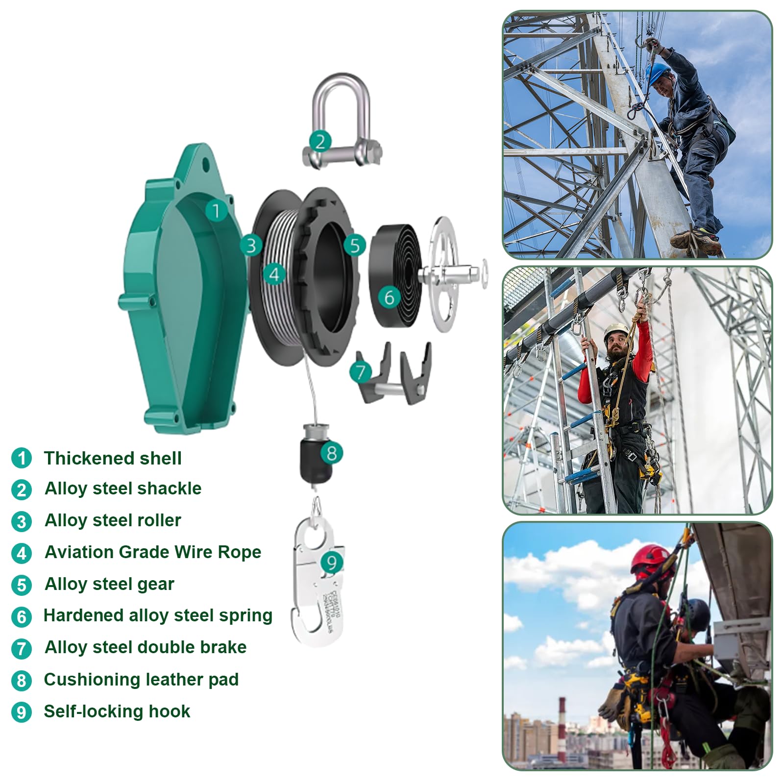 Dispositivo Anticaidas Retráctil, Linea de Vida Retractil Homologado 150 KG, Verde/Amarillo Arnés de Seguridad Anticaídas Retráctil 3-20m para Trabajos en Altura(Verde,10 metros)