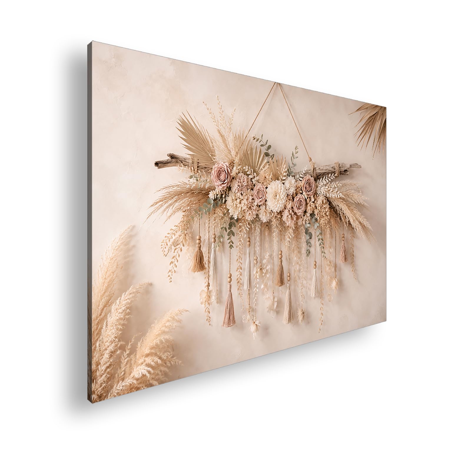 Leinwandbild Trockenblumen und Quasten an Holzstamm 70x50cm Farbig