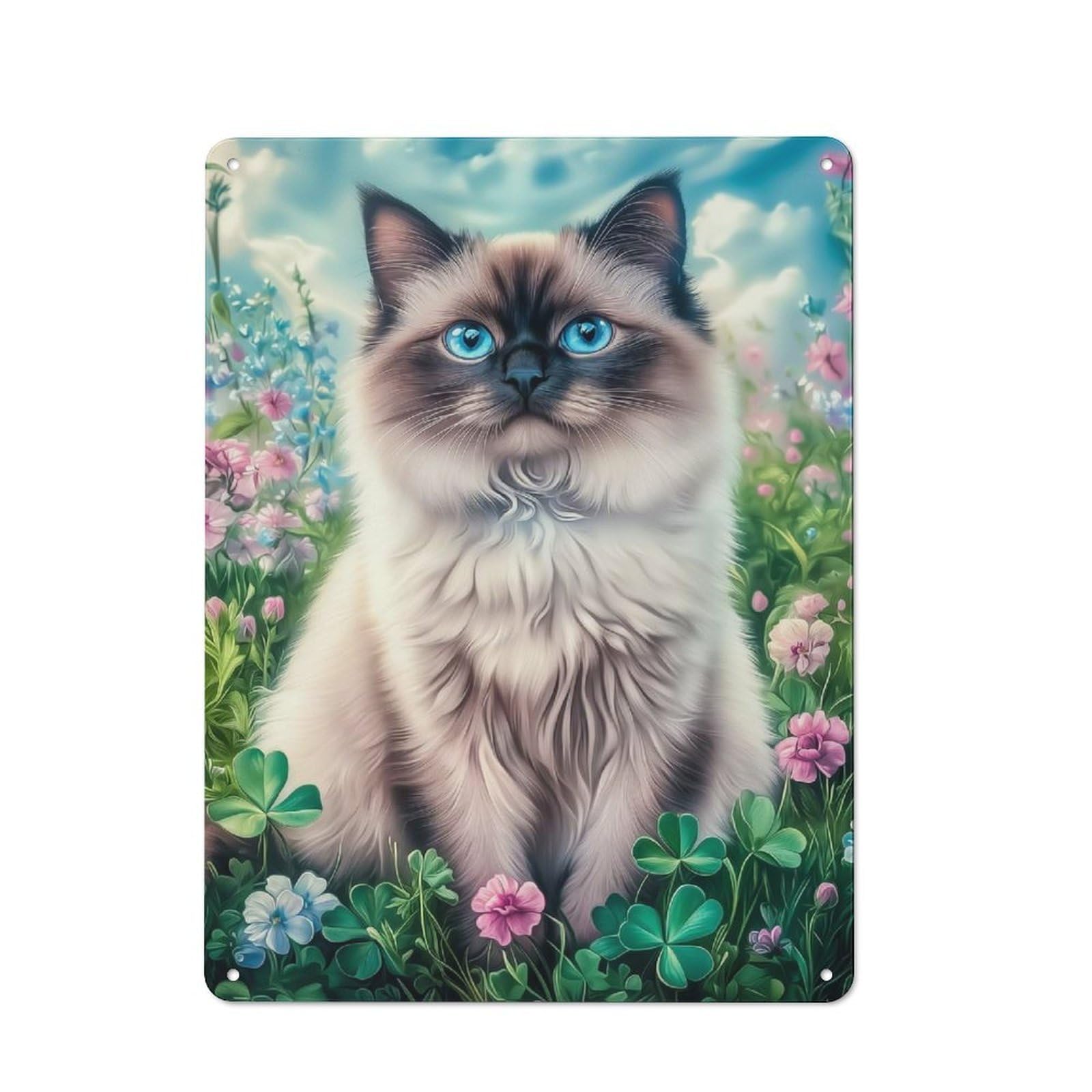 Junmoney Style-11 Ragdoll Cat In A Flower Meadow Vintage Tin Sign 40X30cm, Rustic Bistro Wall Plaque For Kitchen, Cafe, Pantry Or Dining Room
