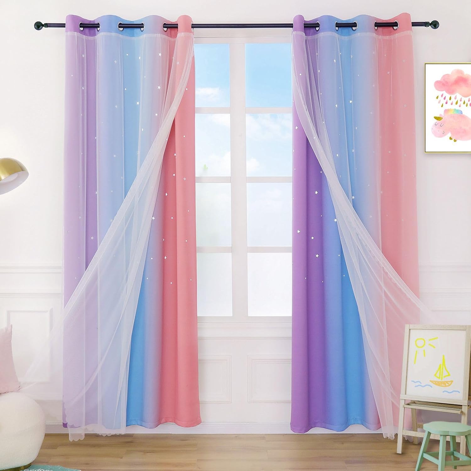 Rideaux 2 en 1 double couche occultant avec voile dentelle bicolore pour salon