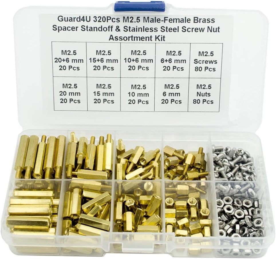 Guard4U320Pcs M2.5 Male-Female Brass Spacer Standoff & Stainless Steel Screw Nut Assortment Kit