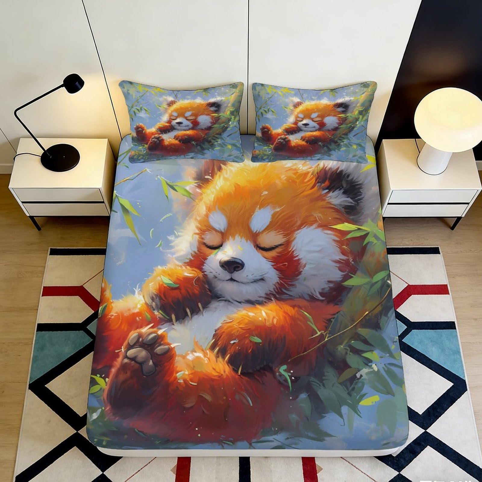 3D Printed Red Panda Fitted Sheet Microfiber Soft Breathable Bamboo Forest Bed Cover for Bedroom Dorm Decor 90x200x25cm