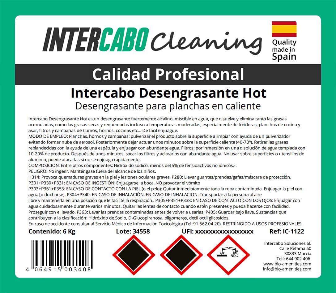 Pack 4 garrafas desengrasante profesional 6 kg - total 24 kg - quitagrasas concentrado para planchas y hornos calientes - limpieza intensiva en cocinas industriales y hoteles - Intercabo