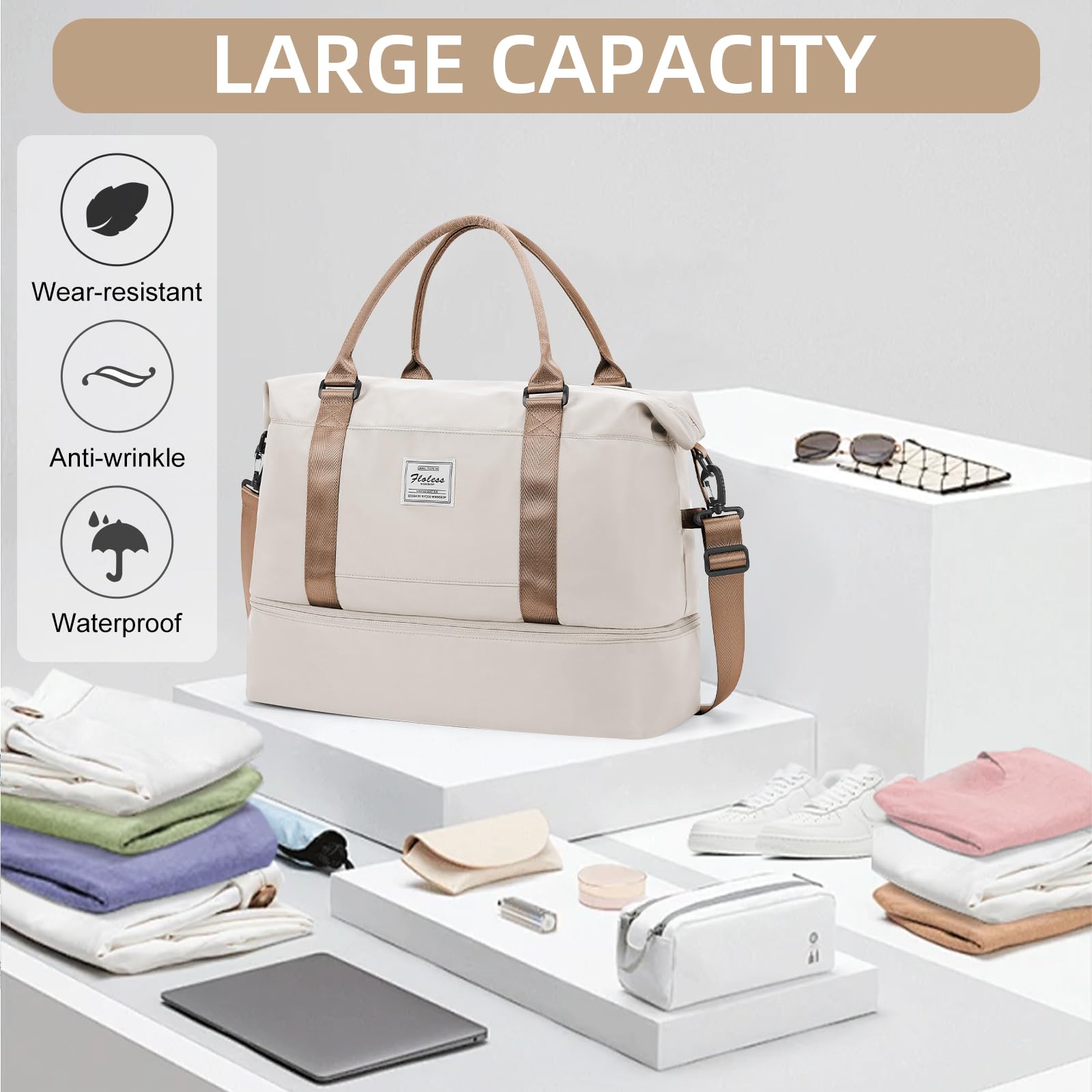 HYC00 Borsa da Viaggio Donna Uomo, Borsone Palestra Sportiva con Porta Scarpe, Weekend Piscina Ginnastica, per Ospedale - Beige Marrone