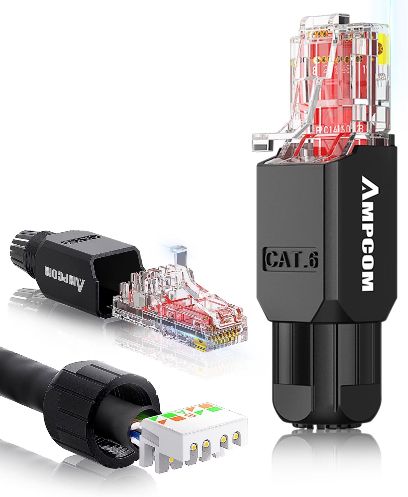 AMPCOM Cat6 Tool Free RJ45 Connector UTP Field Termination Modular Plug for 23-26 AWG Unshielded Ethernet Cable (Black, 12 Pack)
