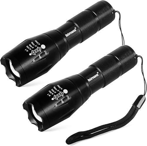 BINWO Paquete de 2 linternas LED tácticas pequeñas con zoom resistente al agua de 3000 lúmenes, con 5 modos para campamento, ciclismo, senderismo,