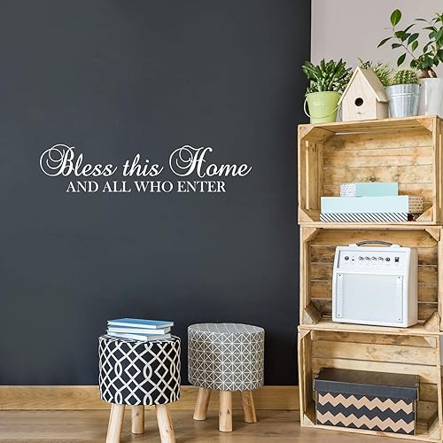 Calcomanía de vinilo para pared, Bless This Home and All Who Inter, 9 x 40 pulgadas, calcomanía inspiradora moderna con cita para el hogar familiar,