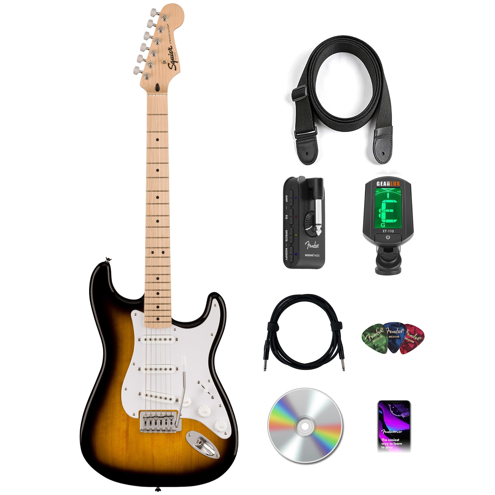 Fender Squier Sonic Stratocaster - 2-Color Sunburst Bundle with Mustang Micro Headphone Amp, Cable, Tuner, Strap, Picks, and Austin Bazaar Instructional DVD