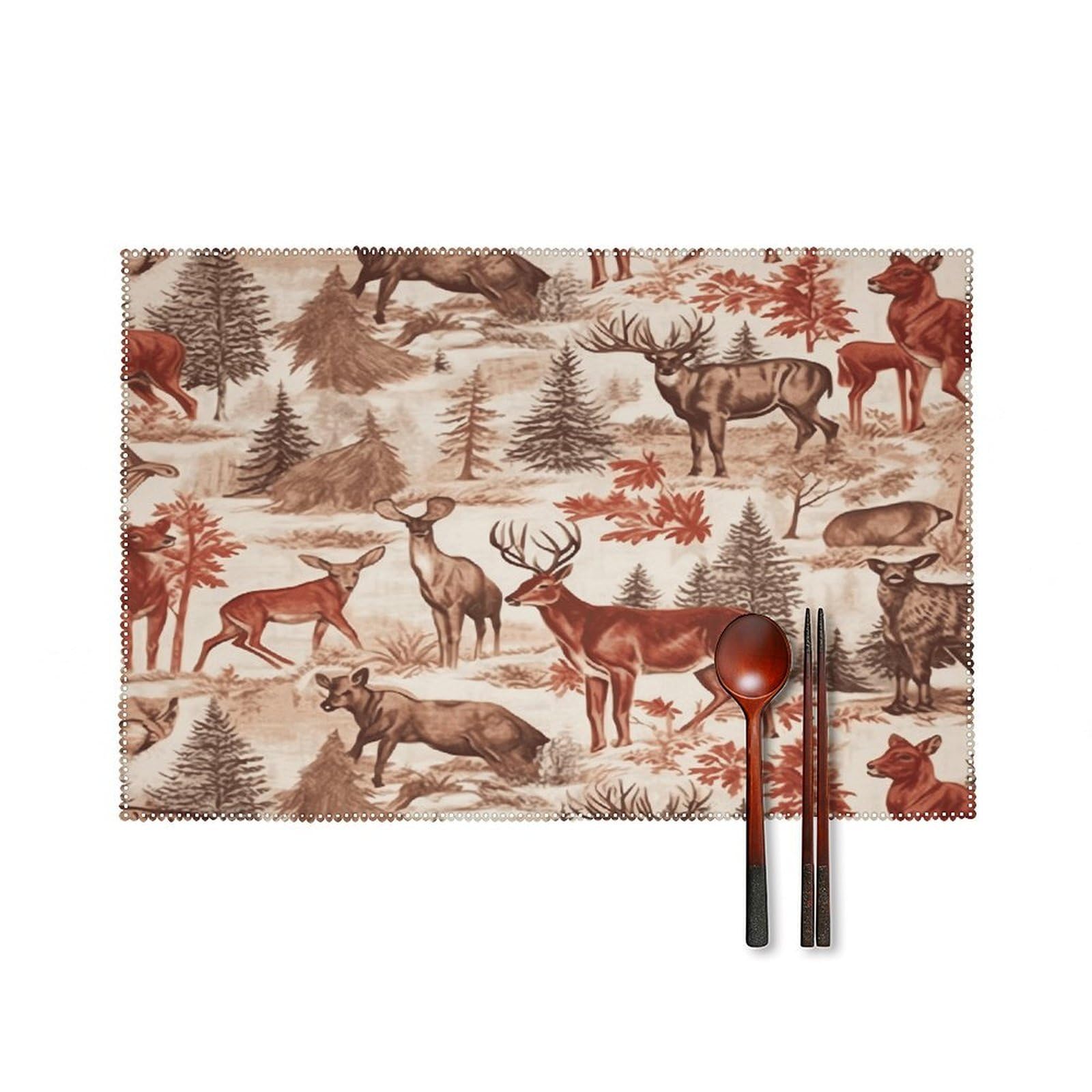 Animal Wilderness Bear Deer Placemats Set of 6 Non-Slip Heat Resistant Table Mats Canvas Washable Cloth Place Mats Easy to Clean Premium Placemat for Kitchen Dining Table Decoration