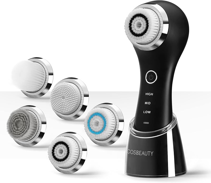 Escova elétrica para limpeza facial COSBEAUTY com 5 cabeças intercambiáveis, IPX7, recarregável sem fio, preta