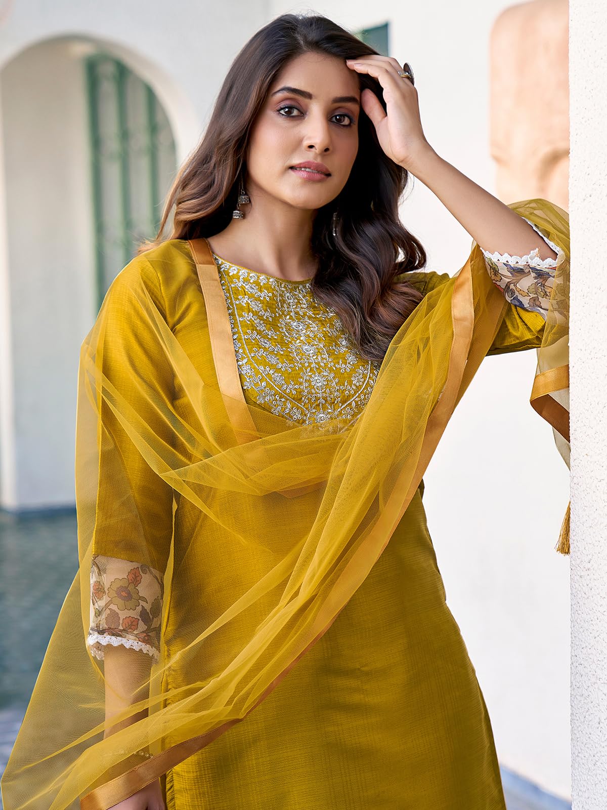 Sanisa Women's Art Silk Sequence Embroidery Work Straight Kurta With Pant And Dupatta (163Kbd1753N-L_Mustard Yellow3)