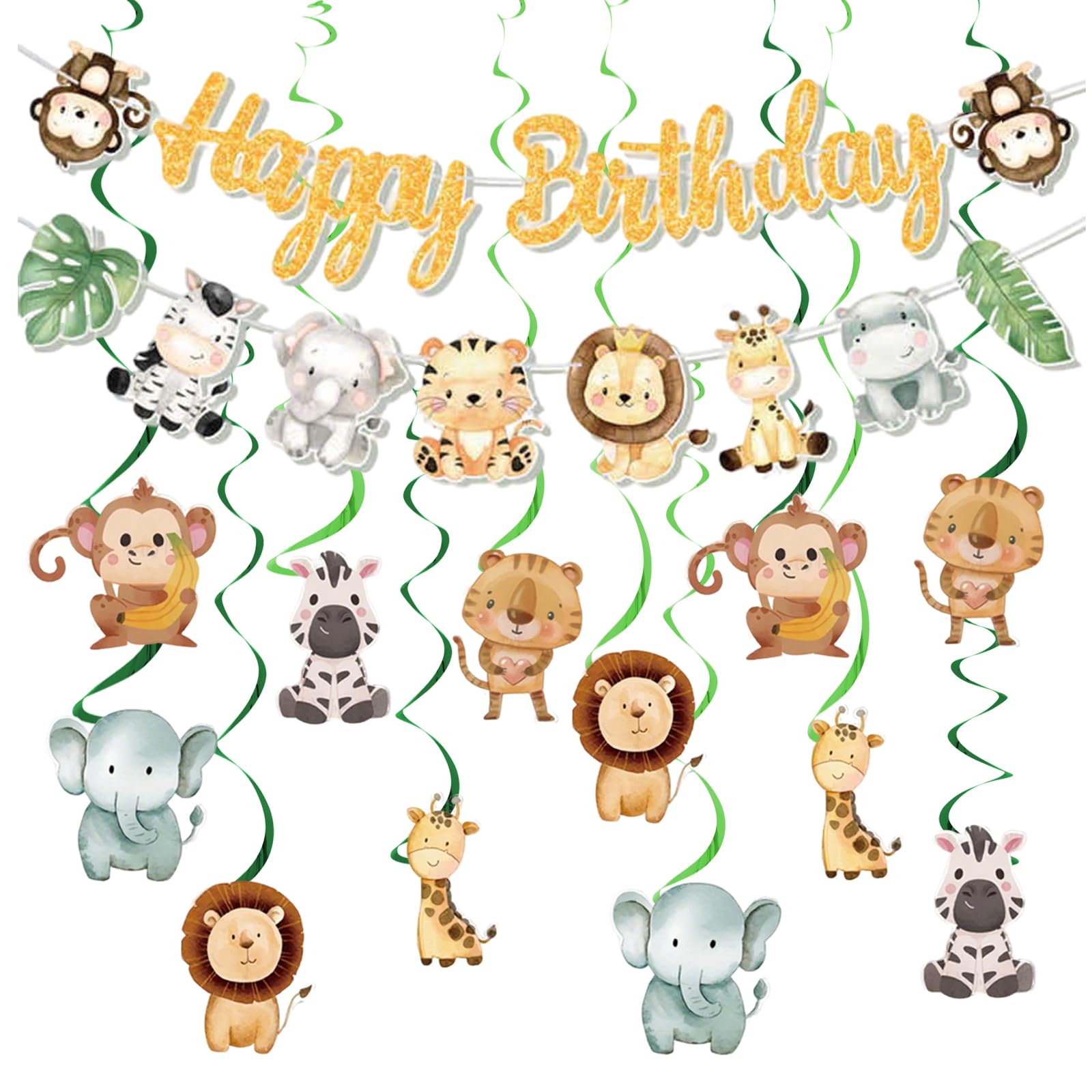 Vfrdsa 26Pcs Jungle Animal Birthday Decoration Set, 2 Birthday Banners + 24 Hanging Swirls Safari Decorations | Jungle Theme Party Decorations or Kids Birthday, Baby Shower & Safari Themed Parties