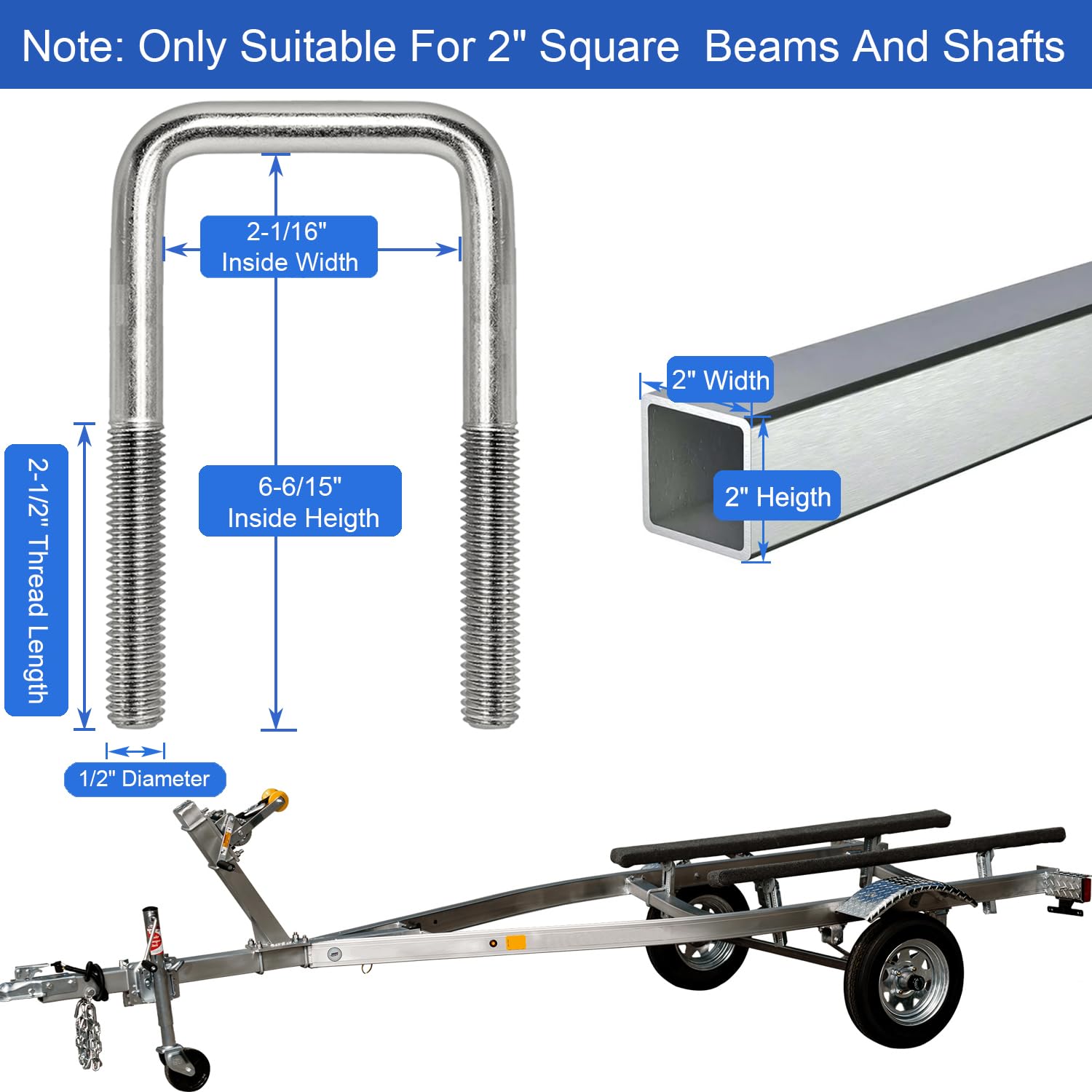 Boat Trailer U-Bolt 2-1/16" W x 6-5/16"L x 1/2" D, 4pk Square U Bolts for Boat Trailer,Zinc Plated Nickel Surface,Includes Washers and Nuts