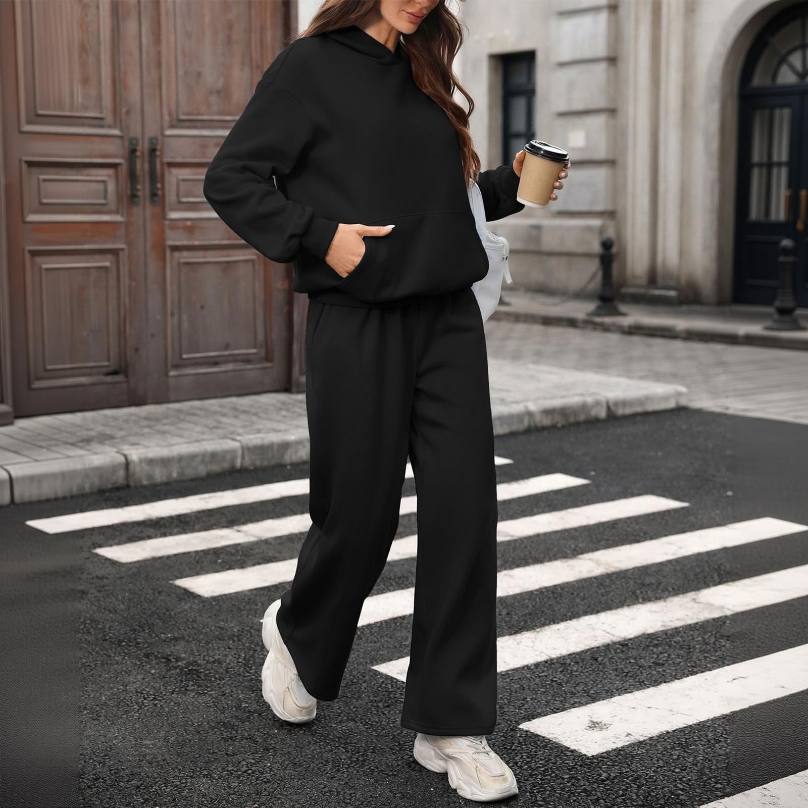 Jogginganzug Damen Langarm Kapuze Taschen Bündchen Hausanzug Weite Hose Elastischer Bund Kordelzug Trainingsanzug Zweiteiler Set Trainingsanzug Damen Locker Bequem Weich Bündchen Langarm