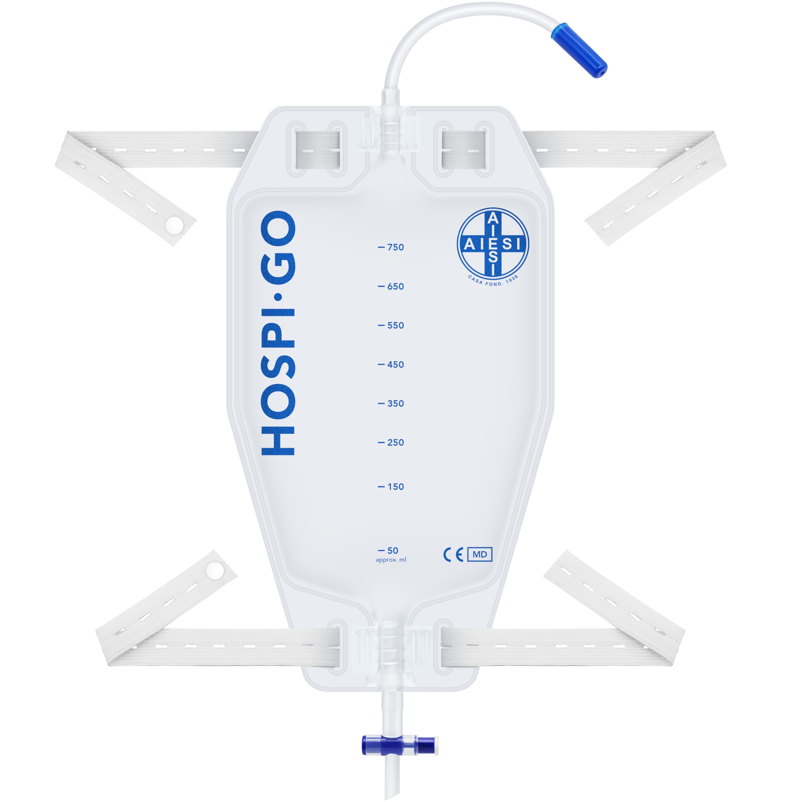 AIESI® Sacche per urina da gamba 750 ml tubo 30 cm (10 pezzi) con rubinetto di scarico a croce (T) e valvola anti-reflusso HOSPI-GO, Rivestita in TNT