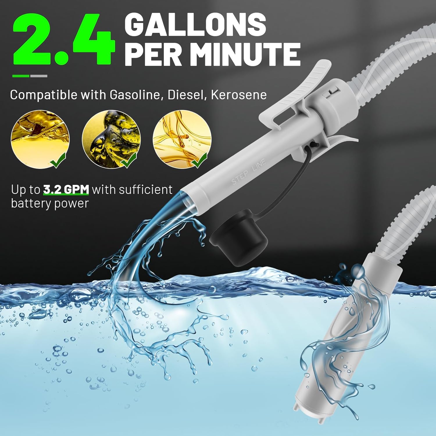 Fuel Transfer Pump with Auto-Stop 2.4GPM Powered with 51" Hose & 4 Can Adapters Compatible with Gasoline Diesel Oil Powered Portable Fuel Pump for Cars Generators Lawn Mowers Chainsaws Boats