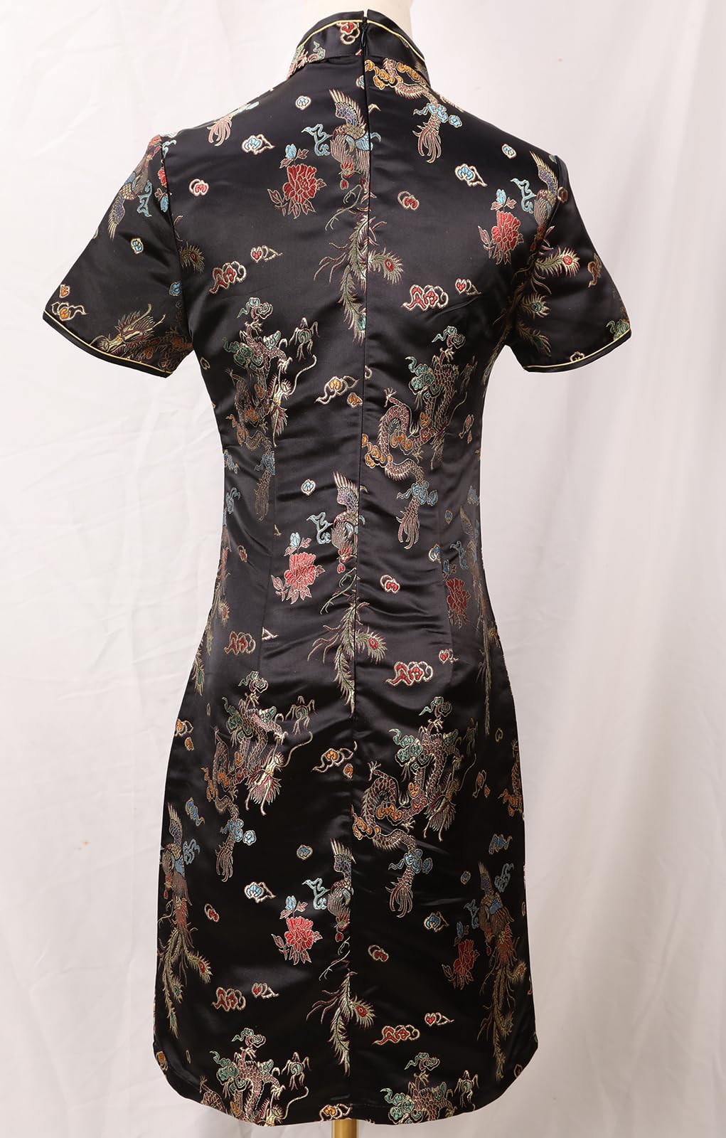 Abito da donna Cheongsam aderente collo alla coreana manica corta slim fit spacco laterale stampa floreale drago mini Qipao