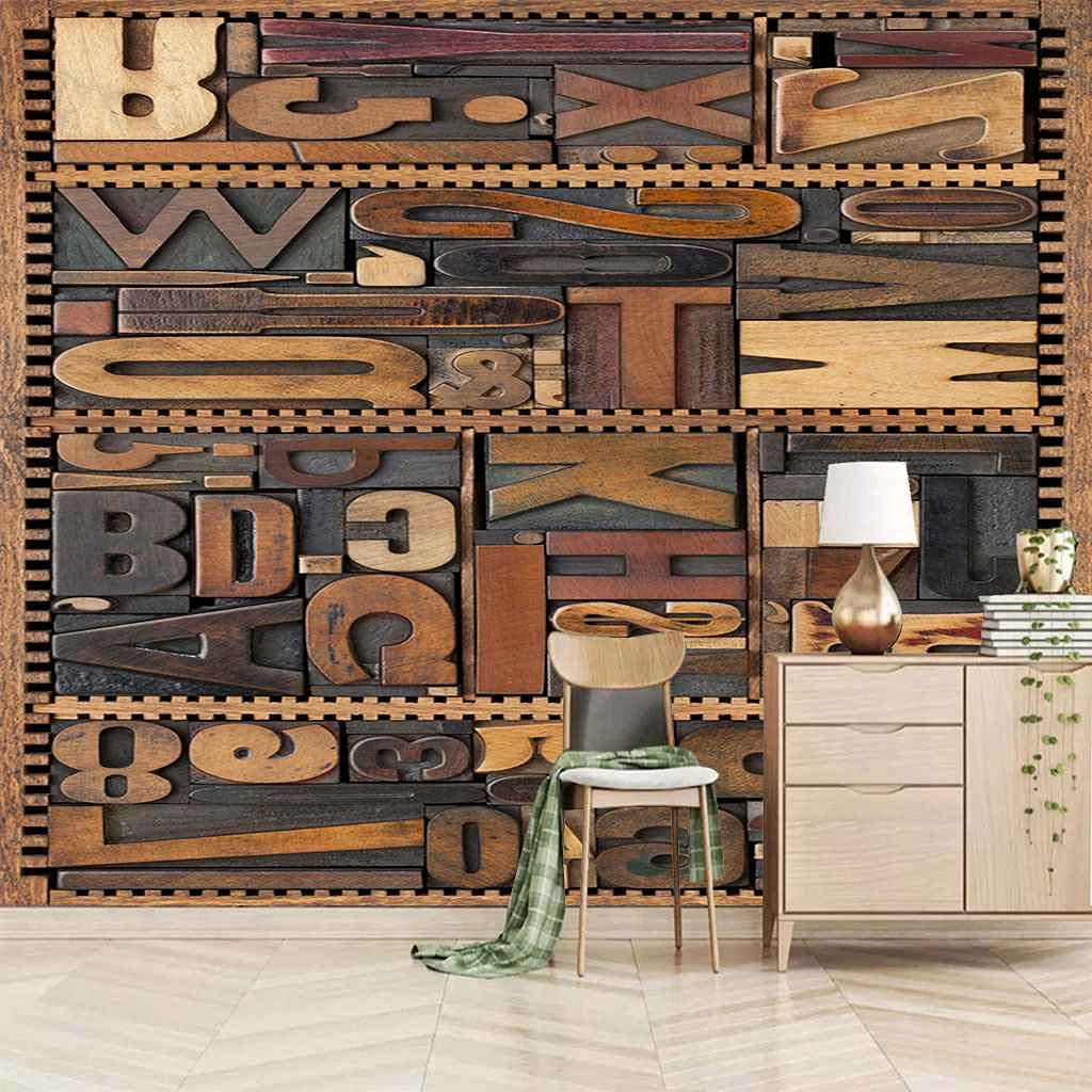Papier peint canevas 3D alphabet vintage decoration murale auto-adhesif salon 300x210 cm