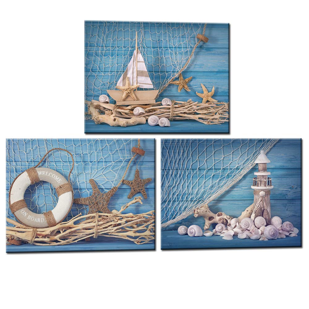 LevvArts3 Piece Beach Canvas Wall Art Seashell Startfish with Blue Board Picture Prints Maritime Sailing Boat Lighthouse Poster Painting for Bathroom Gallery Canvas Wrapped Ready to Hang