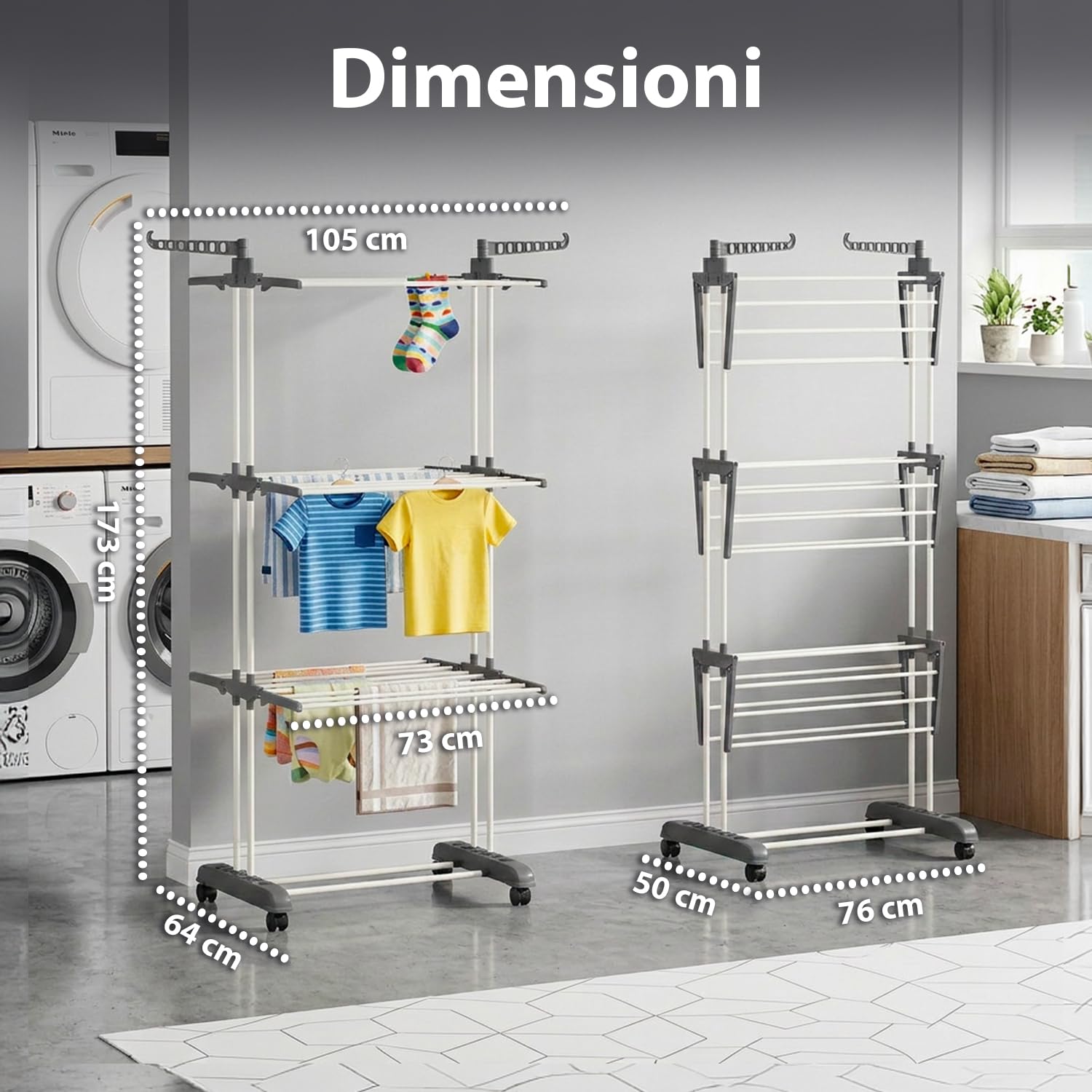 Avilia - Stendino Verticale 3 Livelli con Ruote Pivottanti – Stendibiancheria Verticale Salvaspazio PP+Ferro, 20 kg | Stendino Salvaspazio L105×P64×A173 cm, Bracci 29 cm (Grigio Scuro)